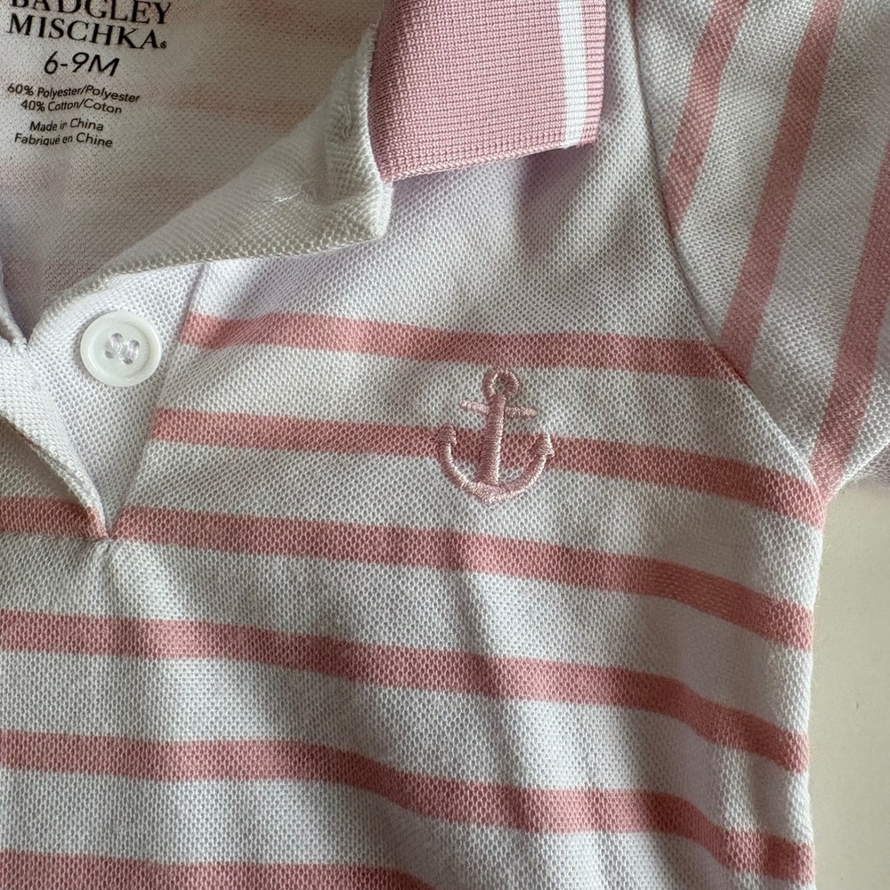 Badgley Mischka Infant Girls 6-9M Striped Pink White Polo Dress Embroider Anchor - Picture 4 of 6